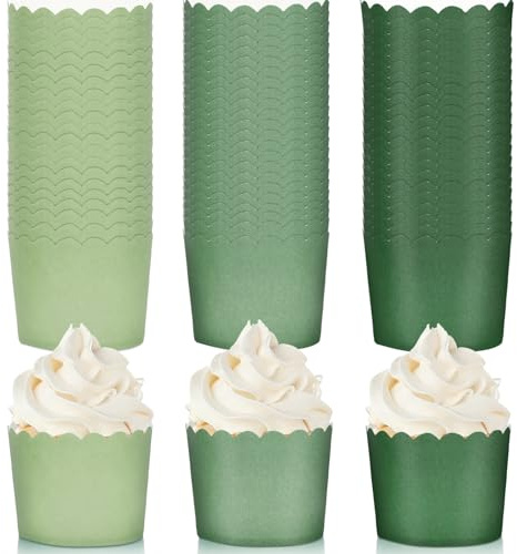 Whaline 120 Pieces Sage Green Scalloped Edge Paper Baking Cups Cupcake Cases for Wedding Birthday Baby Shower 3 Colors