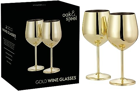 Oak & Steel 2 Gold Wine Glasses (520ml) - Stainless Steel Wine Glasses, Unbreakable Metal Drinking Glasses with Gift Box