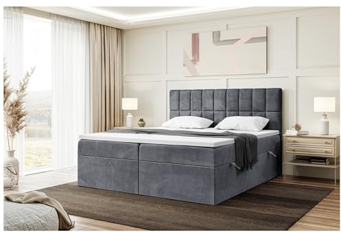 MEBLINI Boxspringbett mit Bettkasten - 180x220 - H4/Dunkelgrau Samt - Lukas - Gepolstert Doppelbett mit Matratze und Topper - Polsterbett mit Stauraum - Bett mit Kopfteil - Stauraumbett