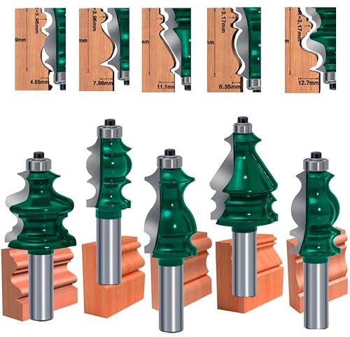 LEATBUY Router Bit 1/2-Inch Shank Door&Drawer Front Edging Router Bits Set 5 PCS Woodworking Milling Cutter Router Bits Sets Tools Carbide CNC Cabinet Router Grooving Mill Tool(YZ04)