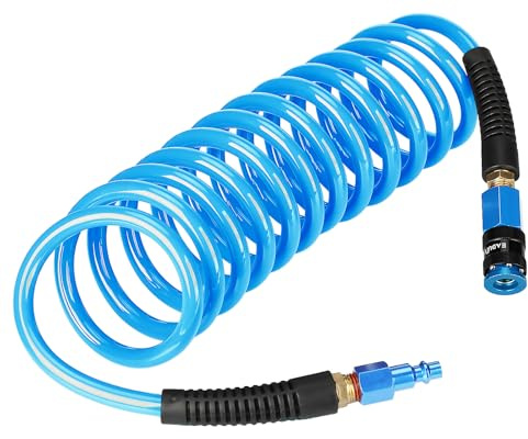 EADUTY Heavy Duty Polyurethane Recoil Air Hose 1/4 in x 10 ft, Lightweight, Flexible Compressor Hose with Universal Quick Coupler, Plug and Bend Restrictors, Blue