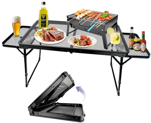 BRIAN & DANY Mesa plegable para parrilla, mesa de camping con escritorio expandible, mesa de picnic portátil de metal ligera con patas ajustables en altura para exteriores, negro, 40.16 x 15.7 x