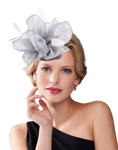 Dodheah Fascinators Hut Hochzeitshut Kopfbedeckung Vintage Schleier Hut Derbyhut für Frauen Pillbox Hüte Stirnband Damen Haarspangen für Hochzeit Ascot Karneval Tee Party 052-Grau
