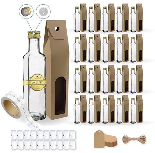 20 bottiglie in vetro da 250 ml con tappo a vite dorato con beccuccio versatore + 20 scatole + 20 sigilli + 20 etichette personalizzate + 20 etichette Kraft + spago - olio di oliva, aceto - oliera