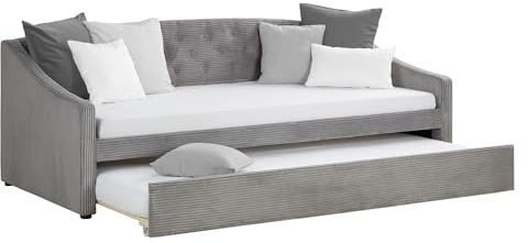 Homestyle4u Schlafsofa mit Bettkasten Ausziehbar Schlafcouch Cord Grau Polsterbett 90x200 cm Gästebett Tagesbett | Artikel 2594
