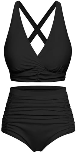 Voqeen Dam tvådelad baddräkt push-up set hög midja rynkad bikini set med magkontroll elegant V-ringning, svart, S