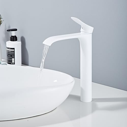 Tall Bathroom Sink Tap Waterfall Mono Basin Mixer Tap for Washbasin Bathroom, White, with Water Supply Hoses