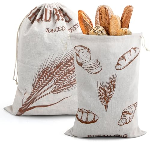 2 Pezzi Sacchetto Portapane Lino Riutilizzabile 40x30cm - Borsa per Conservazione Tutti Tipi di Pane, Prodotti da Forno, Frutta e Verdura