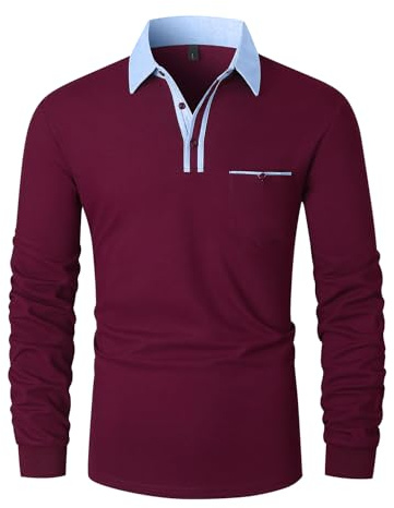 KUNJLELP Poloshirt Herren Langarm Männer Hemd Baumwolle mit Tasche Regular Golf T-Shirts