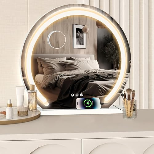 YU YUSING Miroir Rond de Coiffeuse Maquillage Lumineux LED 60 x 60cm, 3 Températures de Couleur, Miroir Maquilleur, Contrôle Tactile, Port USB, Grossissant 10x, Luminosité Réglable, Fixation Murale