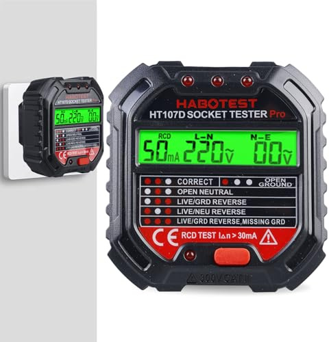 WIYETY Steckdosentester mit RCD-Prüfung und LCD-Voltage-Display, Socket Tester mit 6 Arten von Fehlerdiagnose, mit Kontrollleuchten-Anzeige, Leckspannungs-und Stromanzeige, HT107D