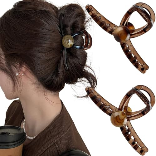 Lot de 2 grandes pinces à cheveux marron café pour femme - Vintage - Avec perle - 11 cm - Grande pince à cheveux - Pince à cheveux mignonne - Accessoires de cheveux pour femme
