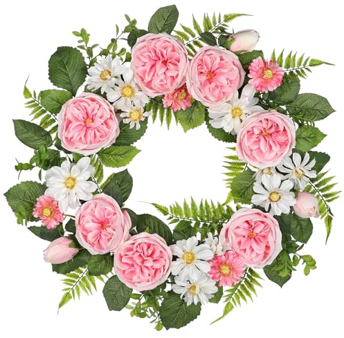 Arborus Türkränze 60 cm Künstliche Blumenkranz Wandkranz Kunstrosen wie Echt Kunstblumen Dekokranz zum Aufhängen für Haustür Wand Fenster Balkon Kamin Schrank im Wohn Schlafzimmer Küche Sommer Deko
