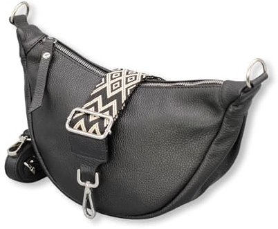 ADEL - Borsa a tracolla da donna in vera pelle, a forma di mezzaluna, con tracolla in pelle + tracolla larga con 4 scomparti, made in Italy, Nero