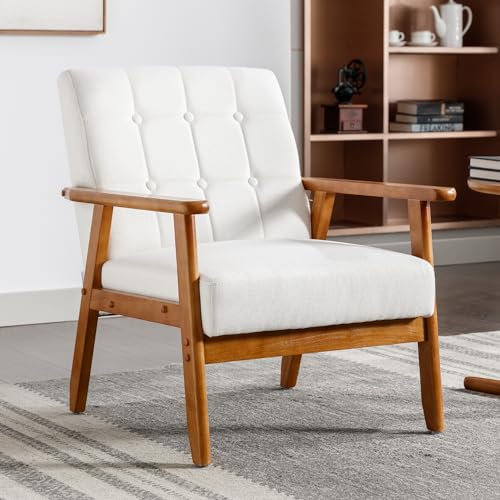 Erinnerda PU-Leder Akzentstuhl mit Massivholzbeine, gepolsterter Mid-Century Armlehnenstuhl für Wohnzimmer und Schlafzimmer, bequem und stilvoll, Beige