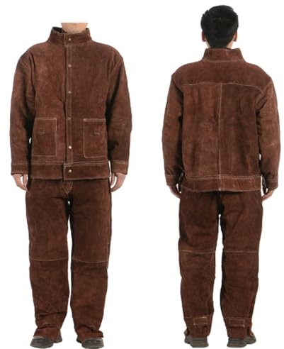 BIRJXVTO Overalls Rindsleder Schweißanzug Denim Atmungsaktive Schweißer Schutzanzug,Brown Set,XXL