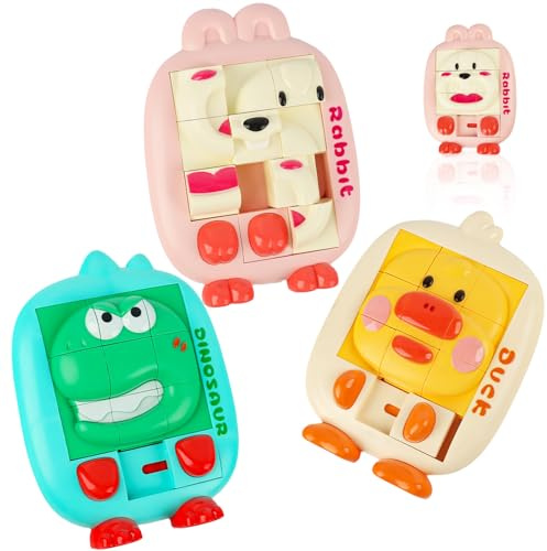 TIVUNORON 3D Puzzle Deslizante Niños, 3Pcs Juguete de Rompecabezas Deslizante, Rompecabezas Deslizante Portátil Juegos de Viaje, Juego de Lógicacon, con Animales, Regalos para Niños y Niñas
