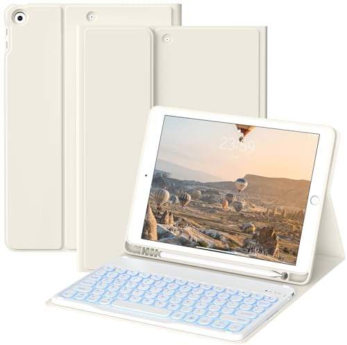 JKSML Custodia per tastiera per iPad 9a/8a/7a generazione (2021/2020/2019) da 10,2 pollici, custodia con tastiera rimovibile retroilluminata in 7 colori, supporto posteriore in morbido TPU, supporto
