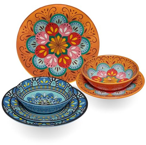 Melamin Geschirr Set Toskana Pastel für 2 Personen - 6 Teile - Orange-Blau - Mandala-Optik Spülmaschinengeeignet Essgeschirr Campingzubehör Campinggeschirr Wohnwagen Camping Festival Picknick Party