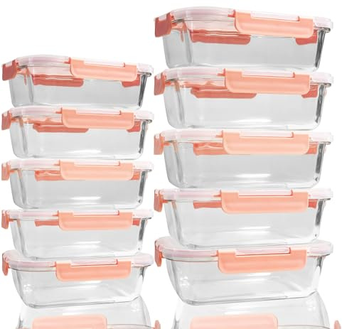 TempFoo Glass Storage Containers With Lids - 10 Pack Airtight Meal Prep Set, Stackable, for Microwave, Oven, Freezer and Dishwasher - Pink