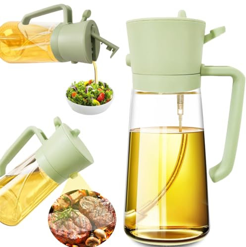 ETONSUNNY Dispensador y Pulverizador de Aceite 2 en 1, Botella de Aceite de Vidrio Transparente de 470 ml Para Cocinar, Vaporizador Acerte Para Cocinar, Ensaladas, Freír (Verde)