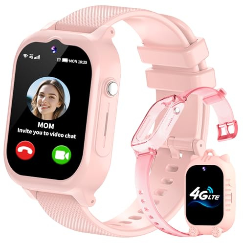 EUNICECG 4G Montre Connectée Enfant Garcon Fille Traceur GPS Téléphone SOS Appel Vidéo Podometre Marche Réveil HD Caméra Calculatrice Étanche Digitale Bracelet Cadeau