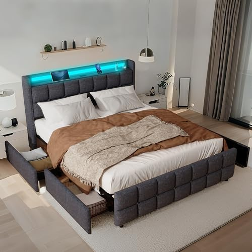 XMETPR Kläd dubbelsäng 160x200 cm, Funktionell sängram med 4 lådor & LED-belysning & 2 USB & 2 AC-laddningsstation, Träribbor, Linne säng, Plattformssäng, Ljudfri, Grå