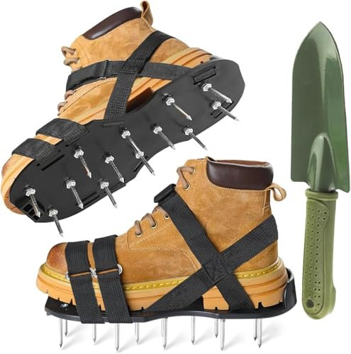MYSHELL Aerator Shoes for Lawn, Long Spike Shoes for Self Levelling Floor with Stainless Steel Shovel, Heavy Duty Spiked Aerating Sandals for Yard Patio Garden Grass Lawn