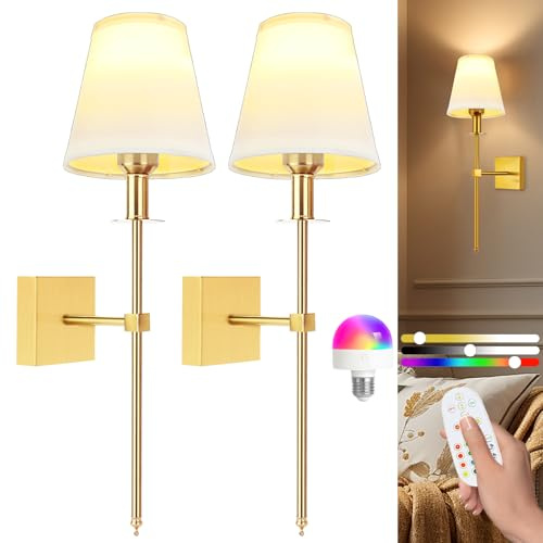 Rechargeable Battery Operated Wall Sconces - Wireless LED Lights for Bedroom with Remote Control, Dimmable Wall Lamps, 400 Lumens, 5000mAh, Easy Install, Perfect for Home Decor,2 Pack（Gold）