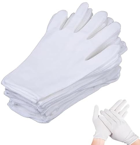 umyeoqoyo 12 Paar weiße Baumwollhandschuhe, weiche und atmungsaktive wiederverwendbare Handschuhe zum Polieren von Besteck, Münzschmuck-Inspektion, Kellnerservice und tägliche Reinigungsaufgaben