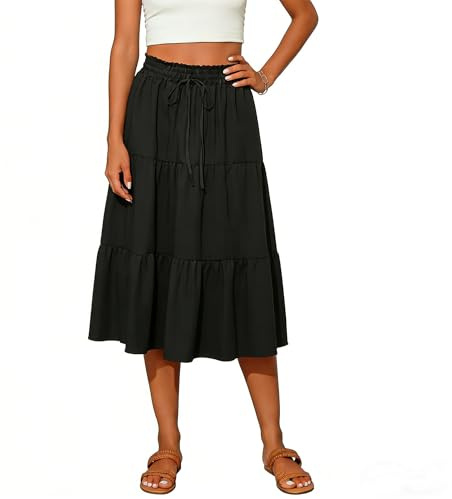 ROFUSSO Femme Jupe Midi Élégante à Fleurs Jupes Trapèze Taille Haute pour L'été Jupe de Plage Jupes Décontractées de Couleur Unie