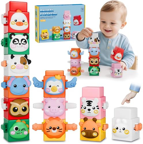 KOVSGQ Jouets d'animaux Empilables Jouet D'empilement Cube Jouets d'apprentissage à Empiler pour Animaux 12Stk Blocs D'empilage d'animaux pour Le Développement des Compét