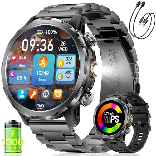 LIGE Smartwatch Herren mit LED-Licht, 1000mAh Akku, 1.7 HD Smartwatch mit Anrufe, 100+ Sportmodi/Herzfrequenz/Schlafmonitor für Android iOS, IP68 Wasserdicht Sportuhr, 2 Bander, Schwarz Edelstahl