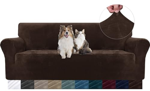 YSTELLAA Samt Sofa Überzug 3 Sitzer, Stretch Sofahusse Universal, Sofaschoner rutschfest, Sofa Covers Mit Armlehne, Couch Bezug Schutz Katze, Waschbare Couchschoner, Dunkler Kaffee