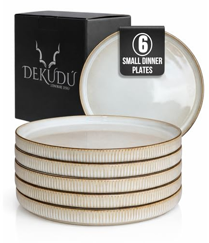 DEKUDÙ Frühstücksteller Dessertteller kuchenteller Steingut Teller set - Handgefertigt - Hochwertiges Steinzeug- 6 Stück - Ø 21 cm - Geschirr Set - Spülmaschinen Mikrowellen Kratzfest-Beige