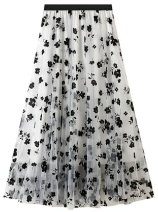 Tyllkjol för kvinnor, elegant blomkjol, mesh, midikjol, A-linjekjolar, hög midja, avslappnad, elastisk, swing, fritidskjol, strandkjol, lång tyllkjol, damer, A vit, XL