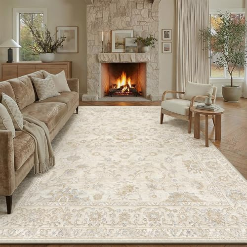 WondRg 8x10 Beige Washable Area Rug for Living Room Bedroom Neutral Soft Floral Non Slip Large Throw Rug Lightweight Vintage Low Pile Distressed Carpet Office Playroom Dining Room Home Decor