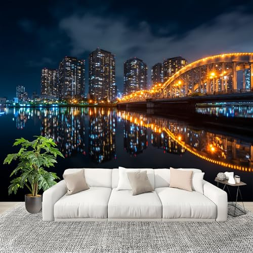 Papel Pintado Panorámico 300x210 cm Paisaje Vista Nocturna Del Puente de La Ciudad Fotomurales Tejido No Tejido Decoración de Habitaciones y Salones Habitación Niño AtmóSfera Poster Murales Panorámica