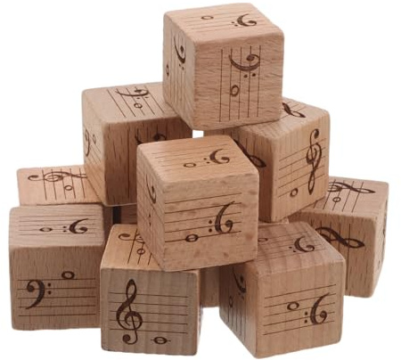 Kisangel 12 dadi in legno con note musicali - Dadi da 25 mm con pentagramma a cinque linee per teoria musicale, con schema per note acute e gravi, ideali per giochi in classe e apprendimento.