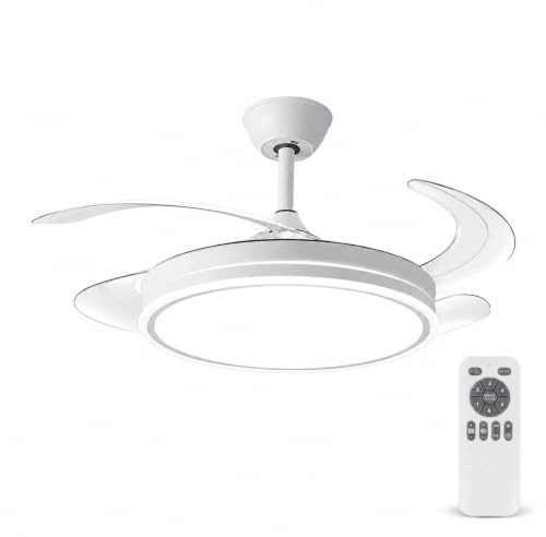 BESCH Ventilador de Techo con Luz LED 96W, Aspas Retráctiles 42” Ø106 cm, Motor 30W, Mando a Distancia, 6 Velocidades, Temporizador 2H/4H, 3 Temperaturas, Verano/Invierno