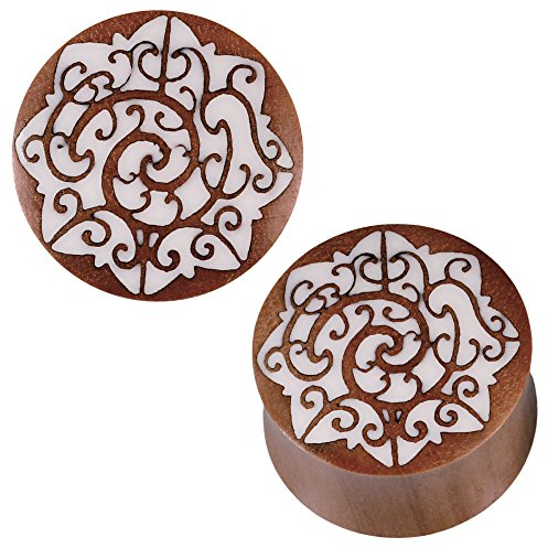 CHICNET Sawoholz Plug Rotbraun weißes Bone Inlay Schnörkel Stern Mehrzackig Tribal Expander 12 mm