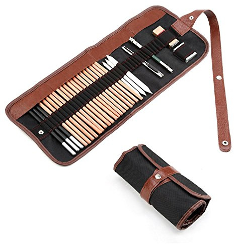 Yosoo Deluxe 18 Stück Skizze Bleistift Set Kohle Skizze Zeichnen Zeichnung und Skizzieren Bleistift-Set in Tragetasche mit Radiergummi Art Zeichnen Stift als Weihnachten Geschenk