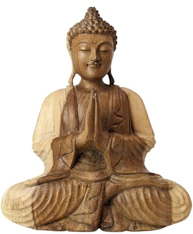 Artisanal Statua di Buddha seduta a mani unite in legno grezzo, 30 cm