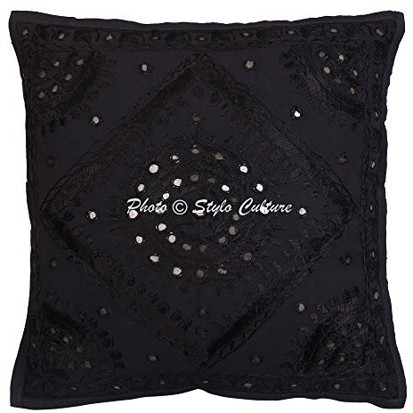 Stylo Culture Ethnico Fundas Almohadones Decorativa 40x40 cm Algodón Espejado Fundas De Cojines Sofa Negro 16x16 Inch Bordado Cuadrado sobre Fundas Almohadones para Sillas - 1 Pc