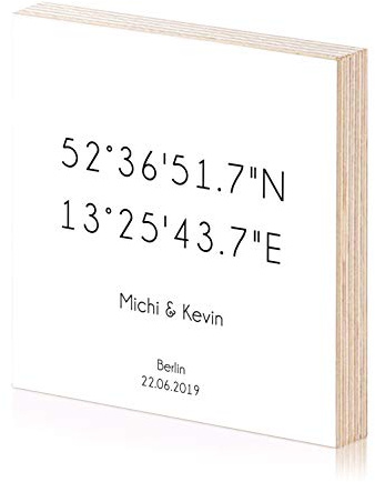 Personalisierte Koordinaten Holzbild 15x15 zum hinstellen oder aufhängen Spruch auf Holz als Geschenk oder Geschenkidee zum Einzug Einweihung Hochzeit Jahrestag Verlobung Geburtstag Wand-Bild