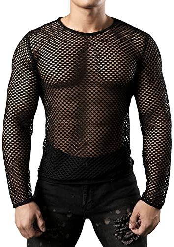 JOGAL Camiseta interior de malla de manga larga transparente para hombre, Negro , XXL