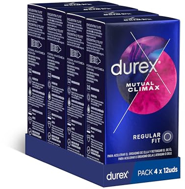 Durex Preservativos Retardante Climax Mutuo Con Puntos Y Estrias Para Estimular El Orgasmo De Ella Y Efecto Retardante Para Retrasar El De Él - 48 Condon, color Negro, 12 Unidad - Pack de 4