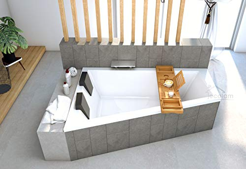 ECOLAM® Badewanne Trapezwanne Intima Duo Eckwanne für Zwei 170x125 cm LINKS + Styroporverkleidung 1.041 zum Verfliesen + Ablage Bambus + 2x Kopfstütze Ab- und Überlauf Automatik Füße Silikon