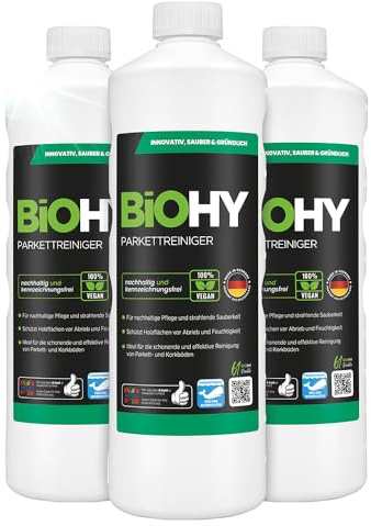 BiOHY Parkettreiniger (3 x 1 Liter) | Konzentrat für versiegeltes & geöltes Parkett | materialschonend & schmutzlösend | für eine streifenfreie Reinigung | 2 in 1 Pflege & Reinigungsmittel