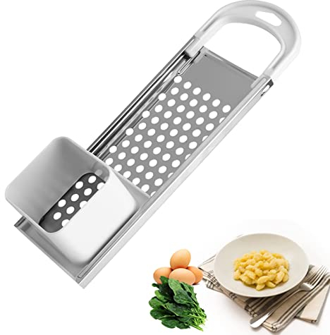 Máquina para hacer fideos Easy Spaetzle de acero inoxidable con empujador de seguridad y mango de agarre cómodo, 12.8 x 4.2 x 2.5 in